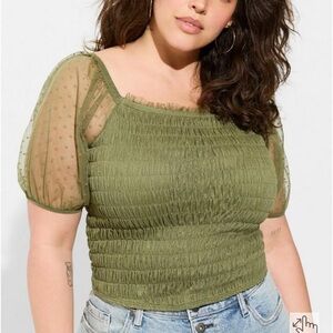 NWT Torrid Dot Mesh Square Neck Smocked Crop Top Size 1 14/16 Green